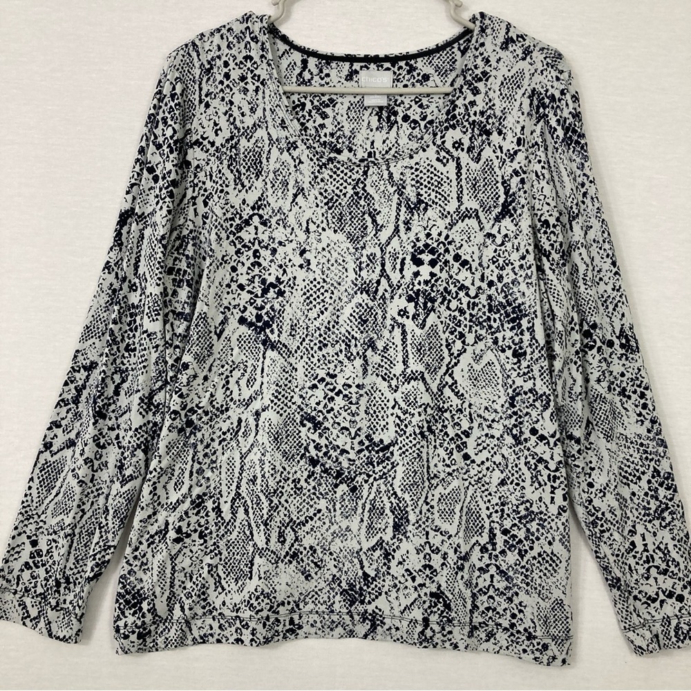 Chico's Black White Round Neck Ultra Soft Stretch Long Sleeve Top Large